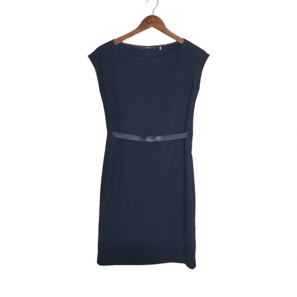 Tahari | Dresses | Tahari Navy Blueblack Faux Leather Belted Boat Neck Cap  Sleeve Sheath Dress | Poshmark